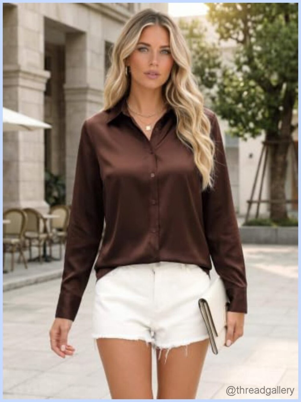 Silky Satin Button Down Collared Blouse Pleated Back Roll-Up Cuff - Picture 3 of 6